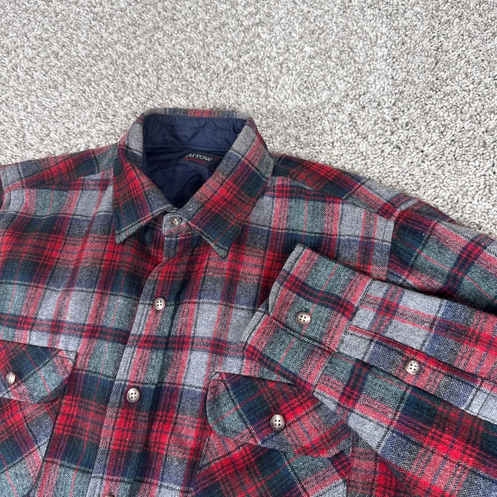 Vintage Arrow Shirt Jacket Mens‎ M Red Gray Plaid Wool Blend Quilted Lined